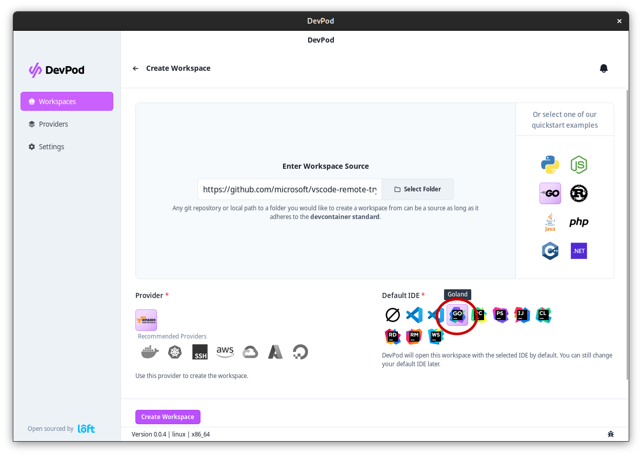 Devsy wizard – select IDE